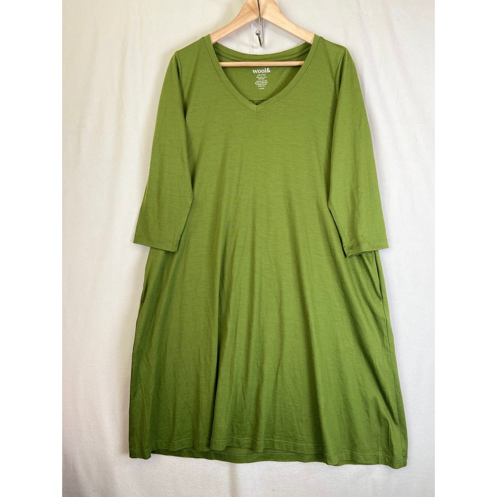 Wool& Rowena Swing Dress L Long Olive Green Merino Wool V-Neck Pocket Minimalist